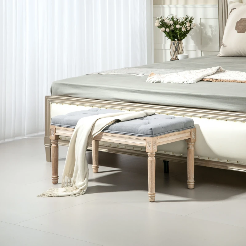 HOMCOM Banco Pie de Cama Tapizado en Lino Sintético con Patas de Madera y Asiento Acolchado Estilo Vintage Gris Claro