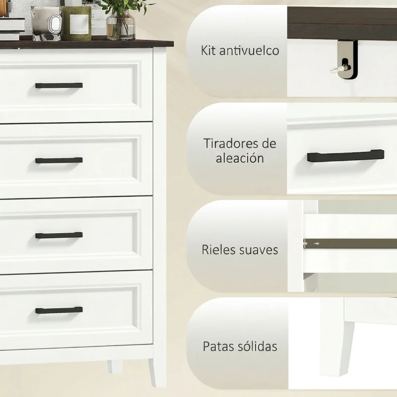 HOMCOM Cómoda Dormitorio Estrecho y Alto con Encimera Efecto Madera Cajonera para Espacios Pequeños 60x35x87 cm Blanco