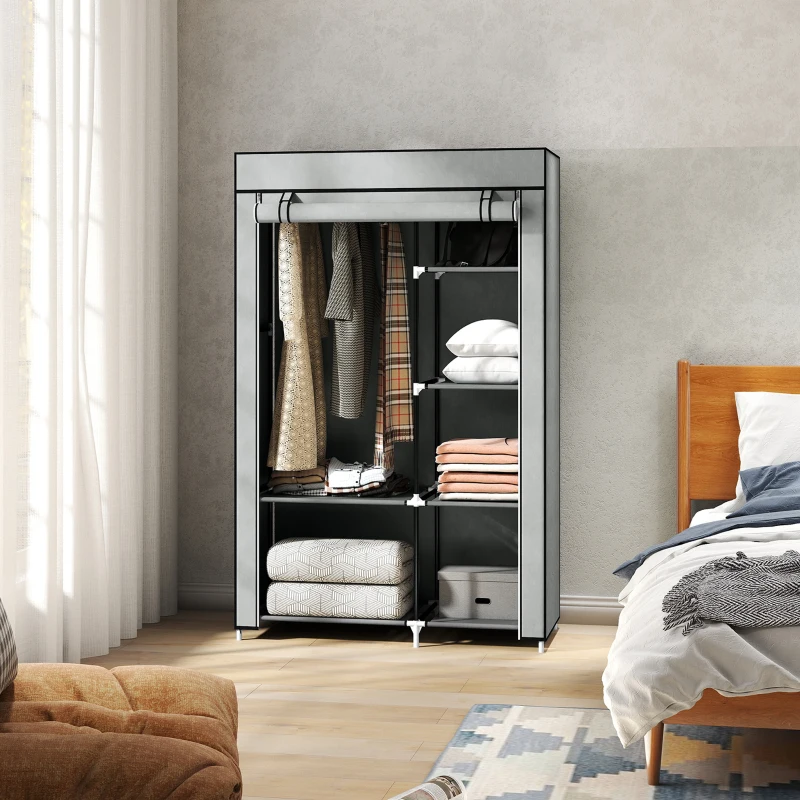 HOMCOM Armario de Tela Plegable Ropero Portátil con 6 Estantes y 1 Barra de Colgar para Dormitorio 103x43x162,5cm Gris