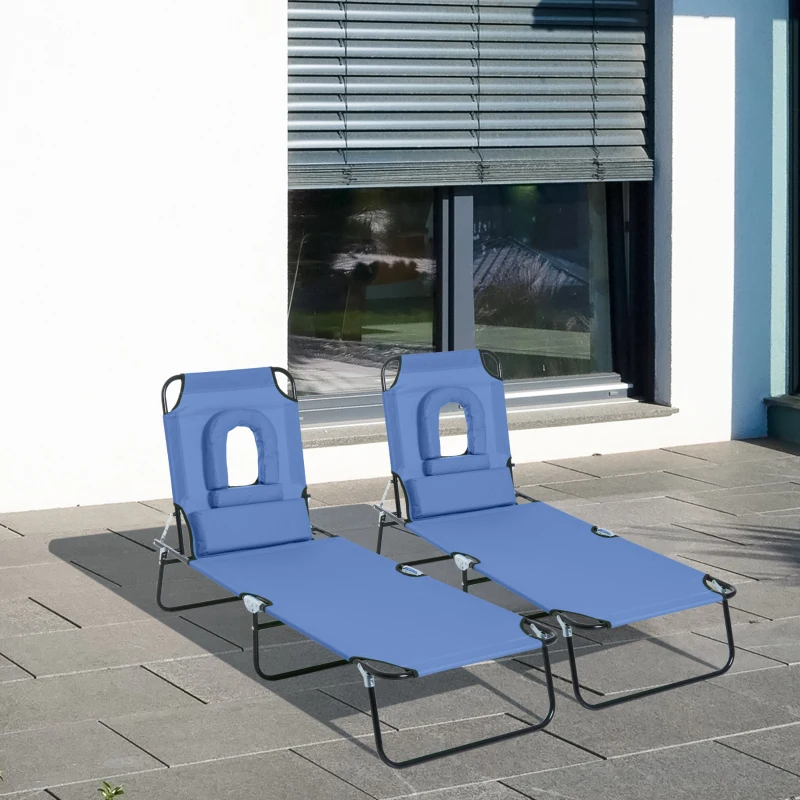 Outsunny Lot de 2 Bains de Soleil Pliable transat inclinable 4 Positions Chaise Longue de Lecture 3 Coussins fournis Bleu