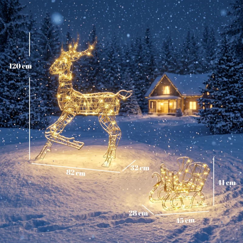 Outsunny Reno de Navidad con Trineo Luminoso 2 Piezas en Ratán PP, 175 LED Blanco Cálido, 8 Modos, Temporizador, 82x32x120cm, Marrón