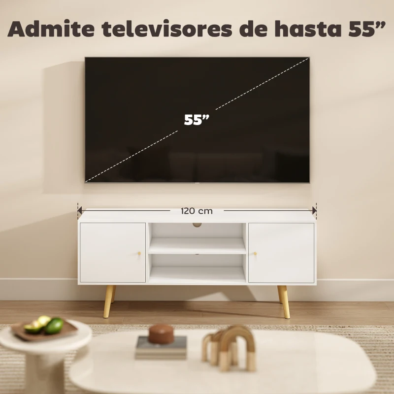HOMCOM Mueble de TV con 2 Puertas 2 Estantes de Almacenamiento para Televisores de hasta 55 Pulgadas 120x34x50 cm Blanco
