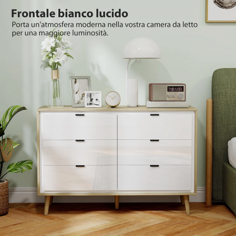 HOMCOM Cassettiera con 6 Cassetti in Legno per Camera da Letto, 110x40x75 cm, Bianco Lucido e Rovere