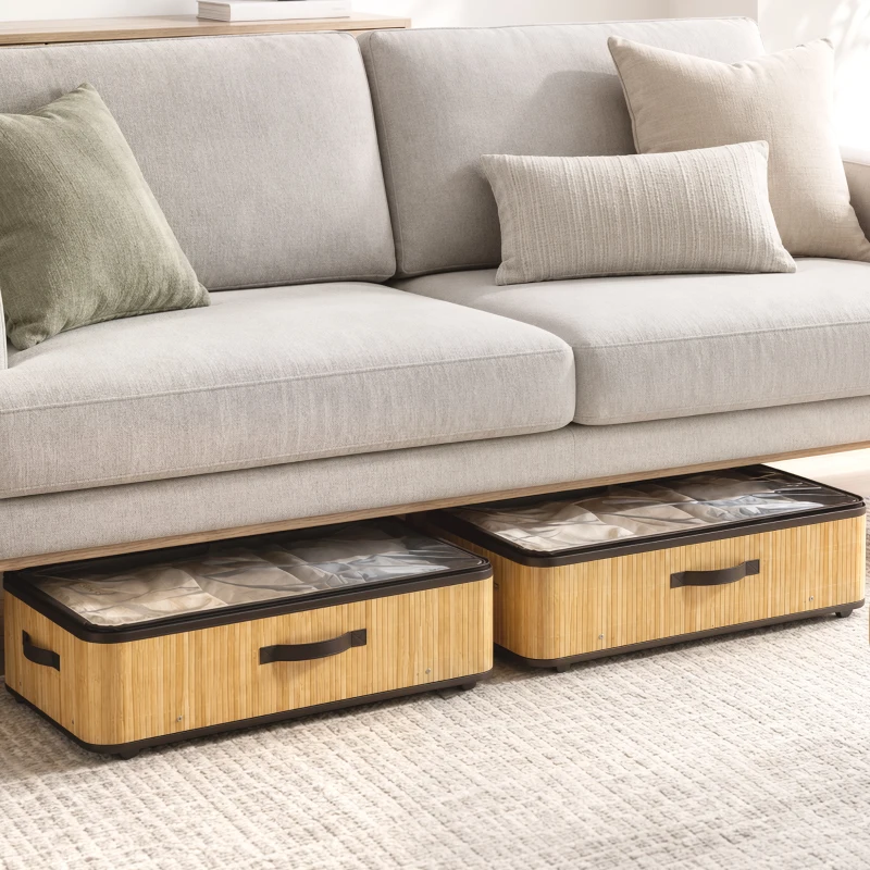 HOMCOM Juego de 2 Cajas de Almacenaje Bajo Cama con Ruedas 60L Tapa Transparente y Asa Marco Metálico 78,5x43x23 cm Natural