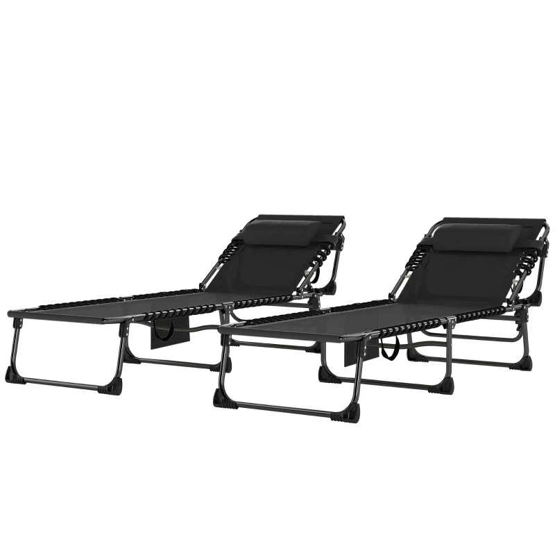 Outsunny Set de 2 Tumbonas Plegables con Reposacabezas Bolsillo Lateral y Respaldo Reclinable en 5 Posiciones Negro