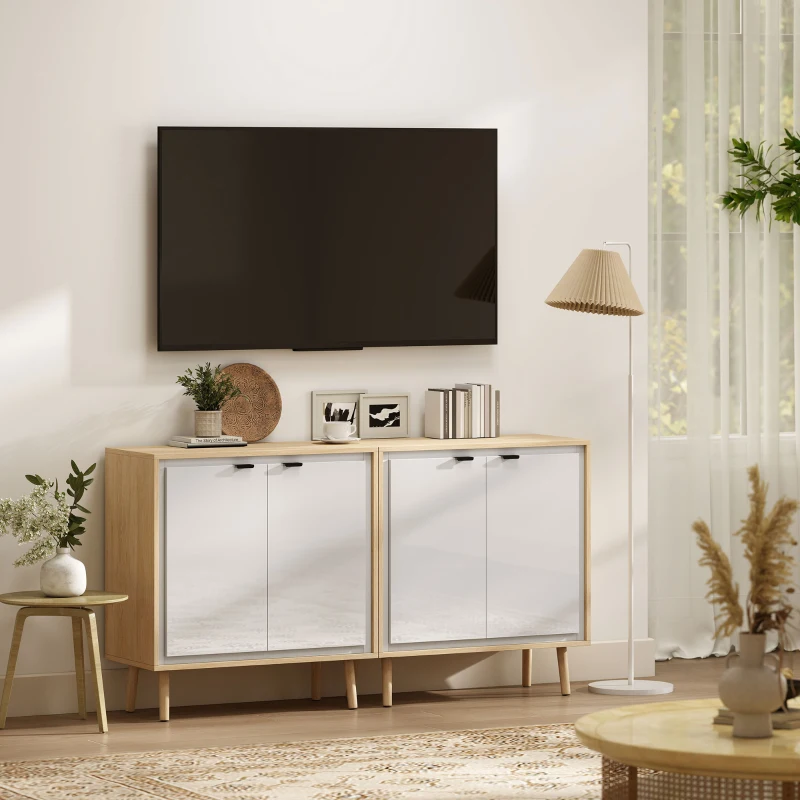 HOMCOM Buffet à haute brillance, meuble de rangement avec double porte, étagère réglable, 72 x 35 x 77 cm, blanc et chêne