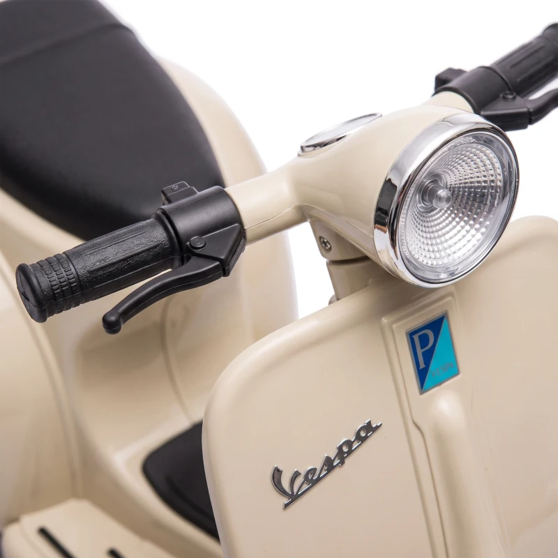 AIYAPLAY Moto Eléctrica para Niños Licencia VESPA Arranque Suave Ruedines Desmontables Luz Delantera Música, Bocina USB Blanco
