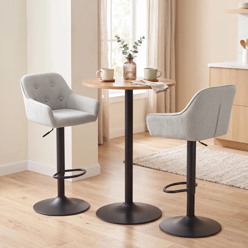 HOMCOM Set de 2 taburete de bar, scaune de bar din chenille, înălțime reglabilă, rotire 360°, spătar și suport pentru picioare, gri