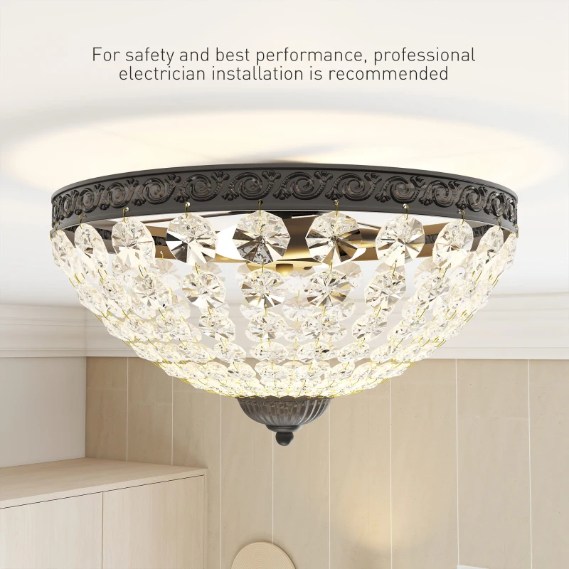 HOMCOM Crystal Chandelier Ceiling Light with 168 Octagonal Beads, Vintage 2-Light Flush Mount Ceiling Light for Living Room, Bedroom, Hallway, Dining Room, Black