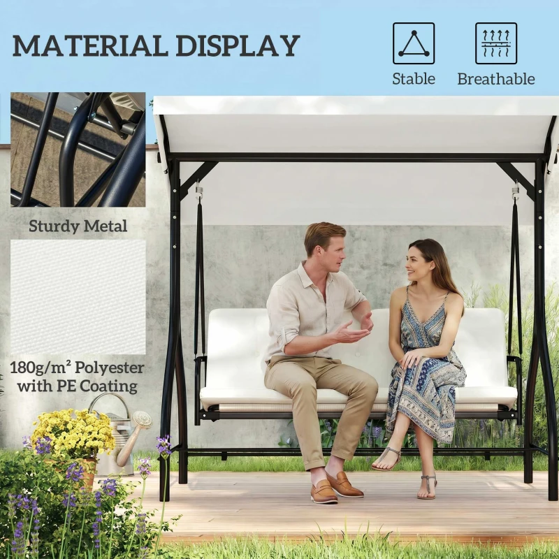 Outsunny 3 Seater Garden Swing Chair, 2 in 1 Convertible Patio Swing Seat Bed with Adjustable Canopy, Cushions and Metal Frame, Outdoor Hammock Bench Chair for Balcony, Terrace, Cream White