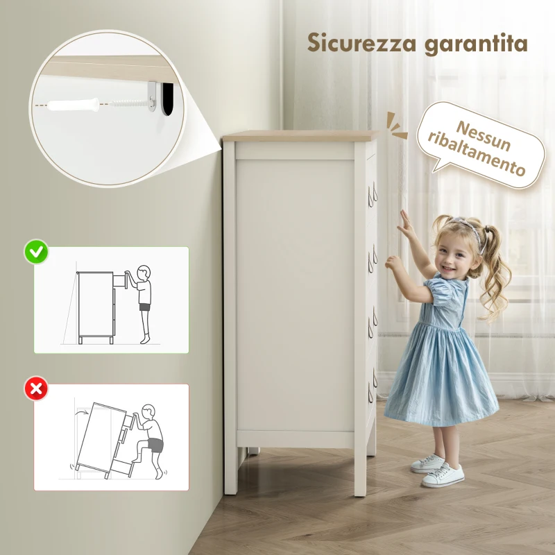 HOMCOM Cassettiera per Camera da Letto a 4 Cassetti con Maniglie in Finta Pelle, 60x40x98 cm, Bianco