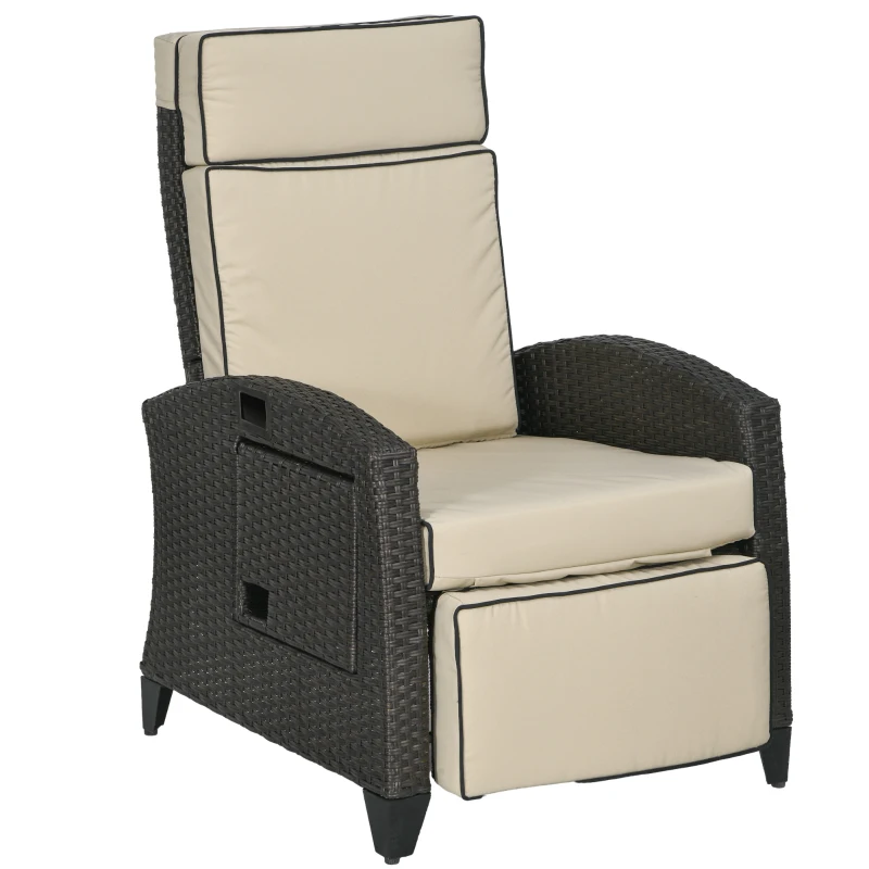 Outsunny Outdoor Recliner Chair with Adjustable Backrest and Footrest, Cushion, Side Tray, Khaki/Brown