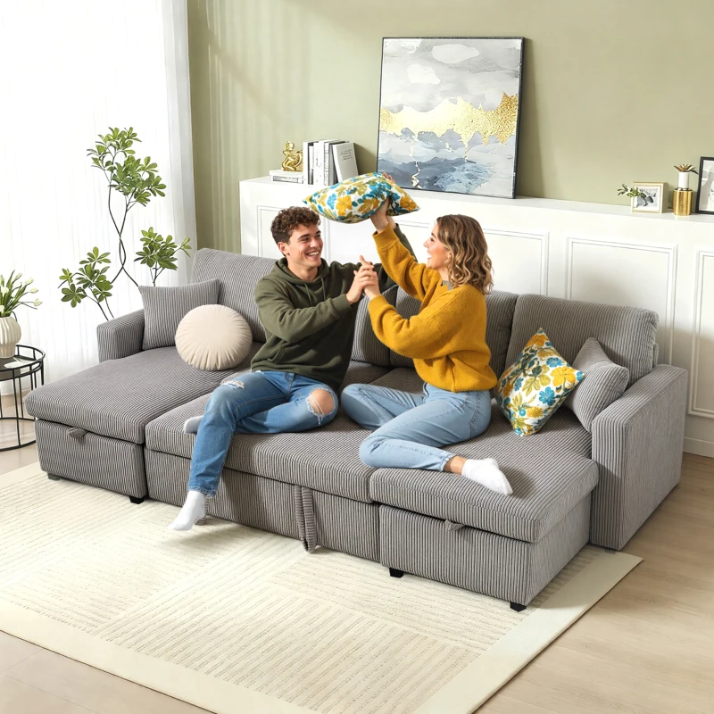 HOMCOM Canapea Pat Modernă în Formă de U cu 2 Șezlonguri și Depozitare, Catifea Canalată, 282x140x86 cm, Gri