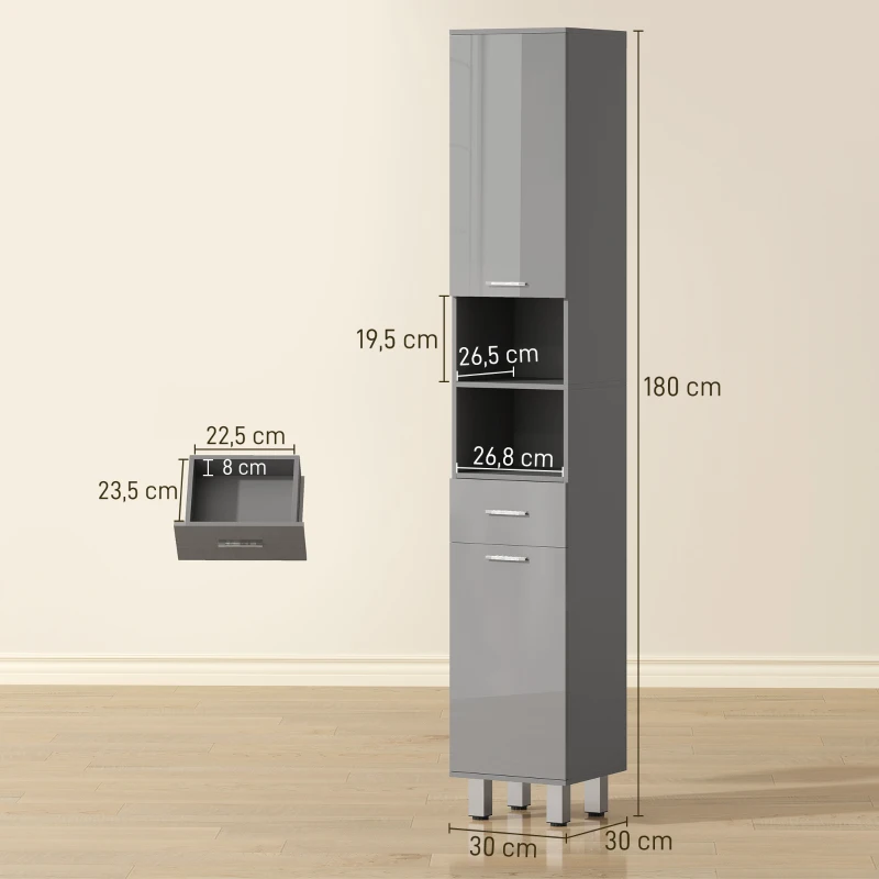 HOMCOM Meuble colonne salle de bain avec étagères réglables et compartiments ouverts, 30x30x180cm, gris brillant