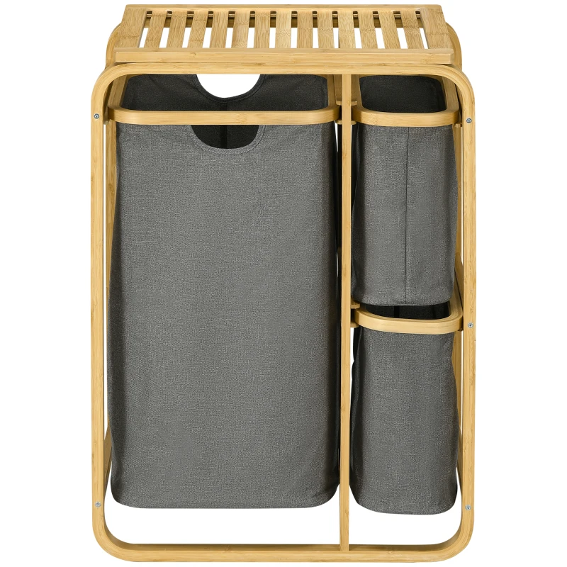 HOMCOM Panier à linge panier de rangement corbeille à linge bac linge sale en bambou 3 paniers - 49l x 33P x 70H cm gris