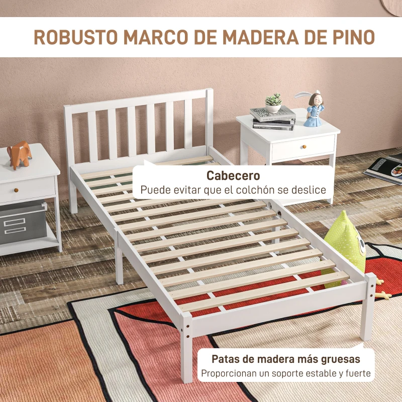 HOMCOM Cama de Madera Somier con Cabecera para Colchón de 90x190 cm (no incluido) Carga 120 kg 198x96x70 cm Blanco