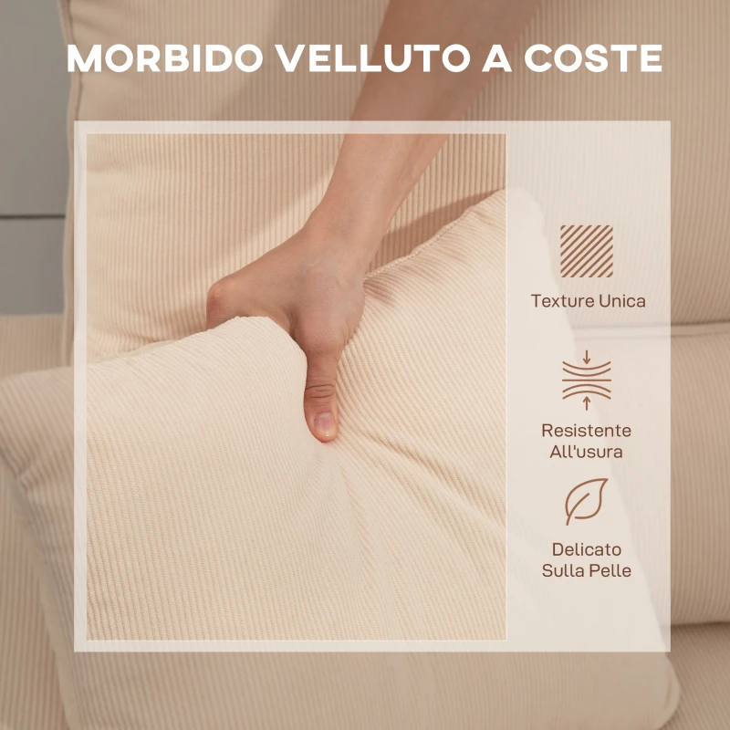 HOMCOM Divano Letto Angolare con Vano Contenitore, Rivestimento in Velluto a Coste e 2 Cuscini, 205x135x76 cm, Beige