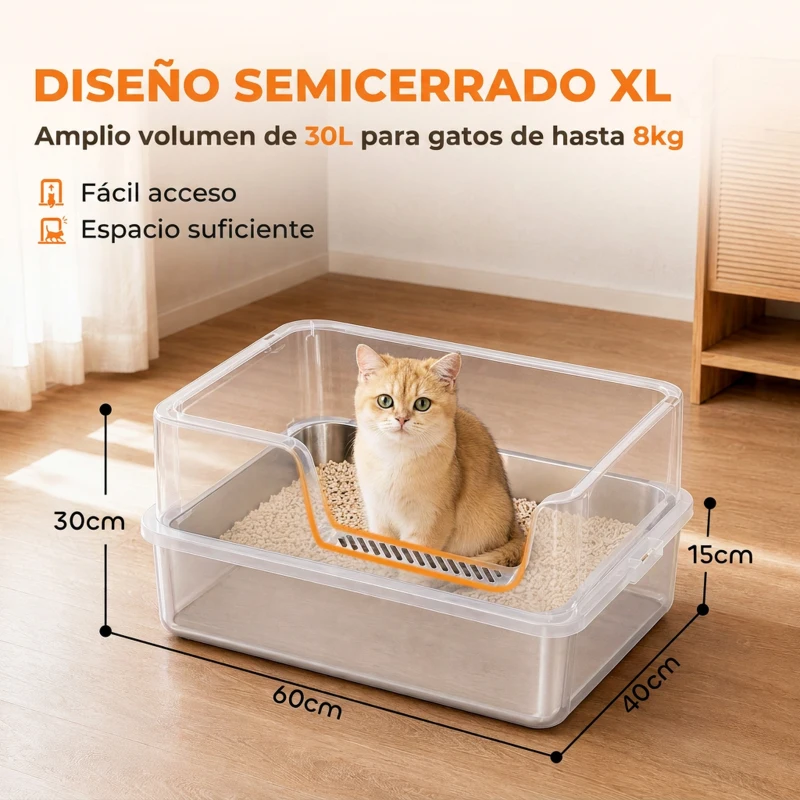 PawHut Arenero para Gatos de Acero Inoxidable XL con Borde Alto Pala Cepillo y Gancho Gris Claro