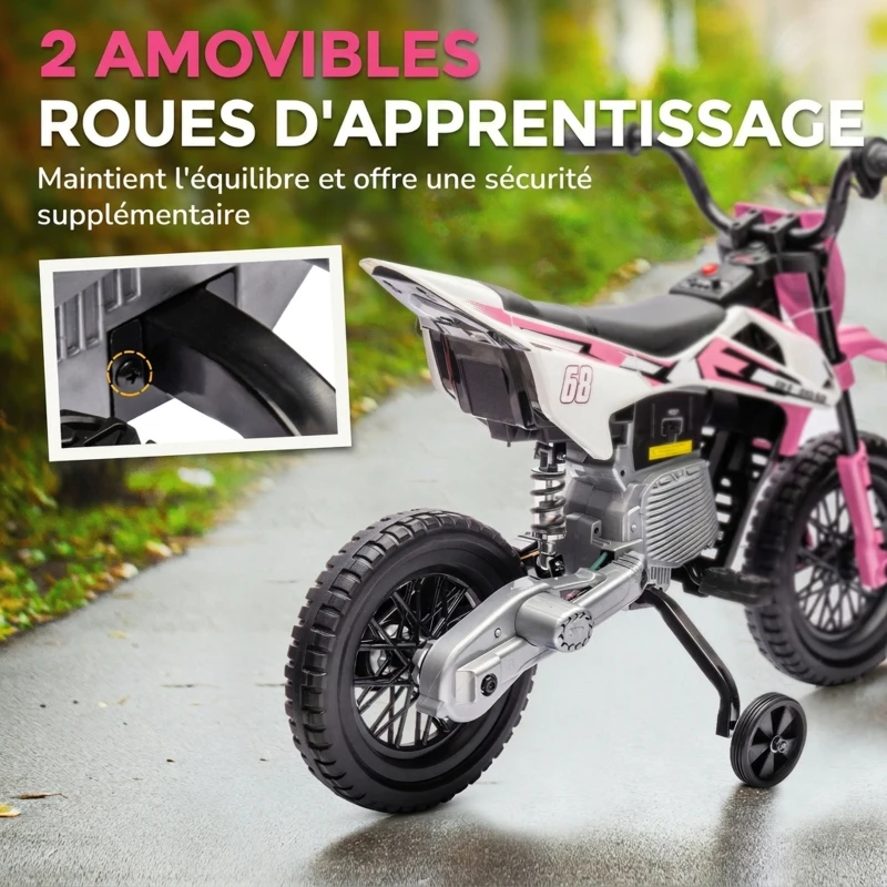 AIYAPLAY Moto électrique pour enfant moto cross pour enfants de 3 à 6 ans 2 moteurs 12V vitesse 5 km/h 109,5x60x72,5cm rose