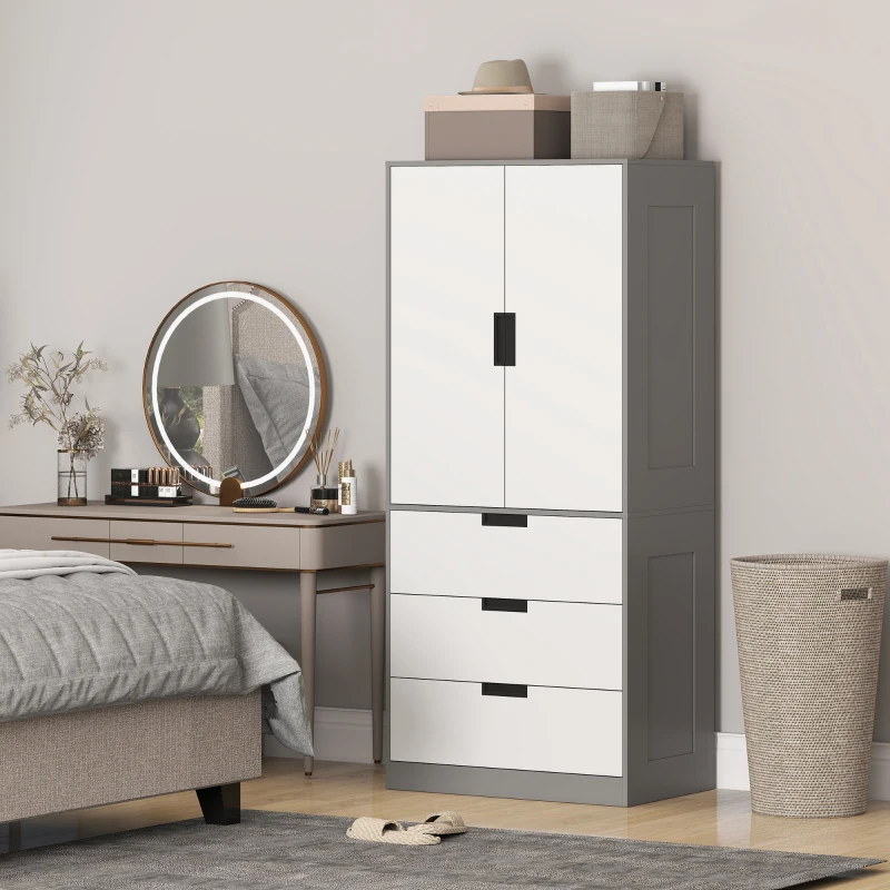 HOMCOM Modern Clothes Storage Cupboard Unit, 3 Drawer 2 Door Wardrobe with Hanging Rod, Grey