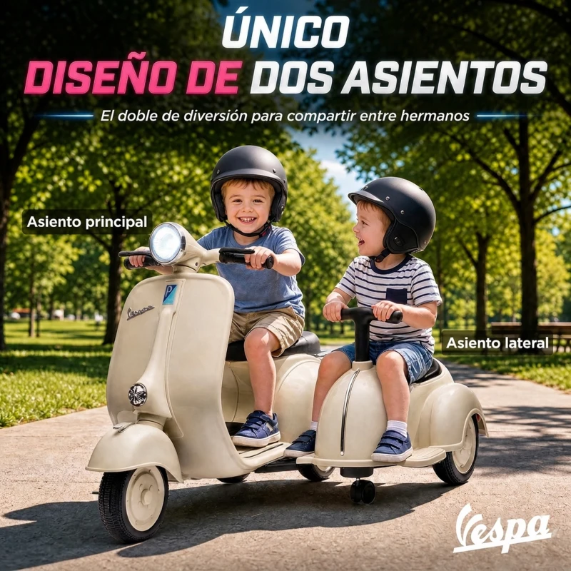 AIYAPLAY Moto Eléctrica para Niños Licencia VESPA con 2 Asientos Arranque Suave Luz Delantera Música USB y Almacenamiento Crema