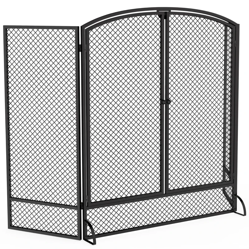 HOMCOM Salvachispas para Chimenea Plegable de 3 Paneles de Metal con Doble Puerta para Hogar 122x75 cm Negro