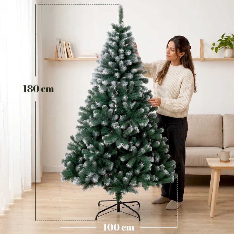 HOMCOM Brad de Crăciun cu 700 Ramuri Ignifuge, Efect Înzăpezit Realist și Bază din Oțel, 100x100x180 cm, Verde