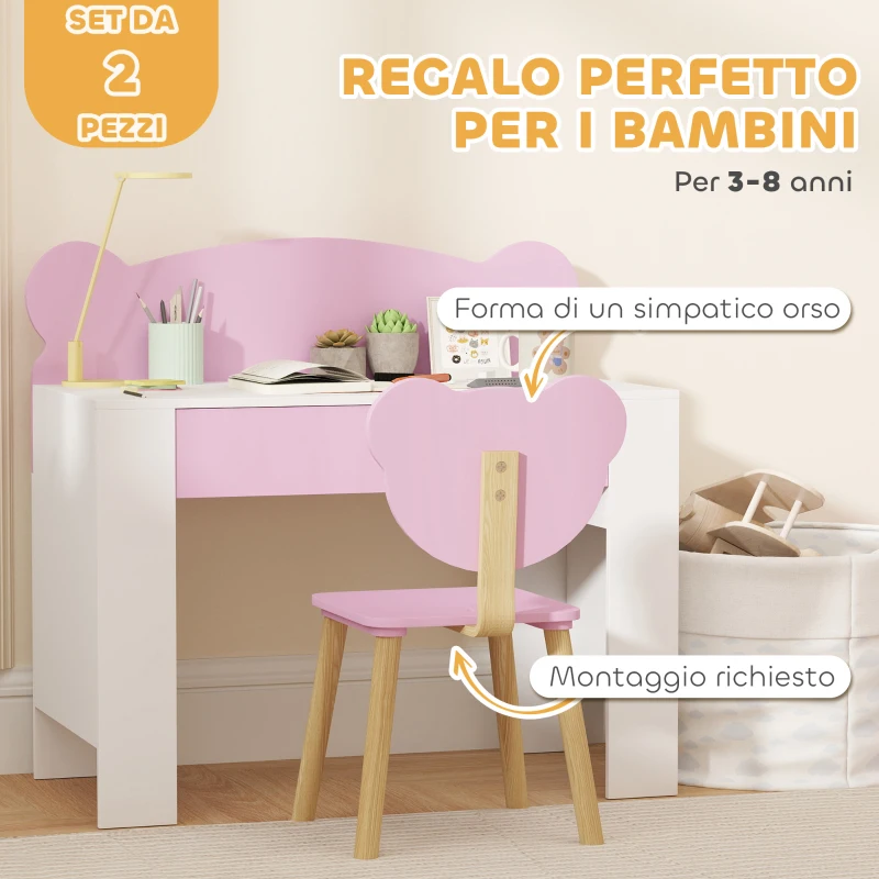 AIYAPLAY Set Scrivania per Bambini con Cassetto e Sedia con Schienale a Orsetto, Età 3-8 Anni, Rosa