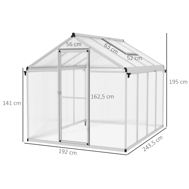 Outsunny Serra da Giardino in Policarbonato con Finestra, Porta con Blocco e Grondaia, 2.5x2x2m