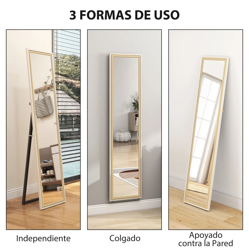 HOMCOM Espejo de Cuerpo Entero 157x37 cm con Marco Bicolor Espejo de Pie Inclinado o Colgante Blanco y Natural