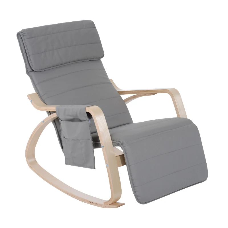 HOMCOM Silla de Relax Mecedora Balancín de Madera con Reposapiernas Ajustable y Bolsa para Revistas (Gris)