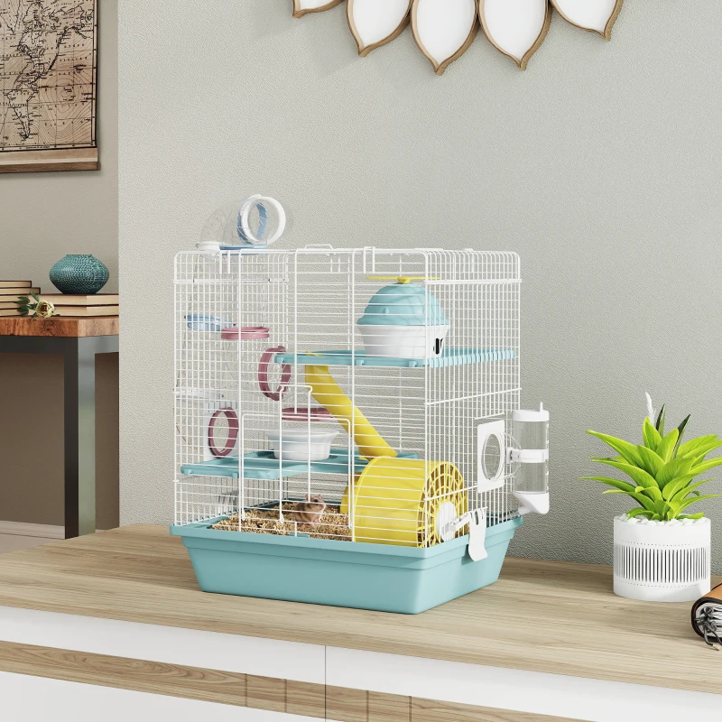 PawHut 3-Level Hamster Cage with Exercise Wheel, Water Bottle, Food Bowl, for Dwarf Hamsters, 34.5 x 27.5 x 41 cm, Blue