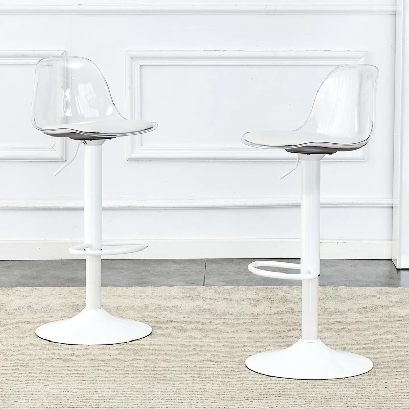 Lot de 2 tabourets de bar réglables, dossier ergonomique transparent, assise pivotante 360°, 40,5x39x82-104 cm, Blanc