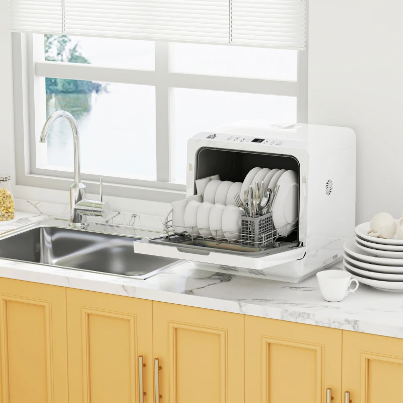 HOMCOM Table Top Dishwasher with Built-in 6L Water Tank, Mini Countertop Dishwasher with 6 Programs, 4 Place Settings, White