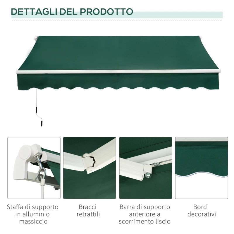 Outsunny Tenda da Sole a Manovella 3x2 m ad Angolazione Regolabile, in Alluminio, Acciaio e Poliestere Verde