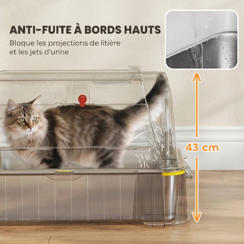 PawHut Bac à Litière pour Chat 80L en Inox avec Couvercle Rabattable à 180°, Tiroir Coulissant, Pelle, 63x43x43cm, Gris Clair