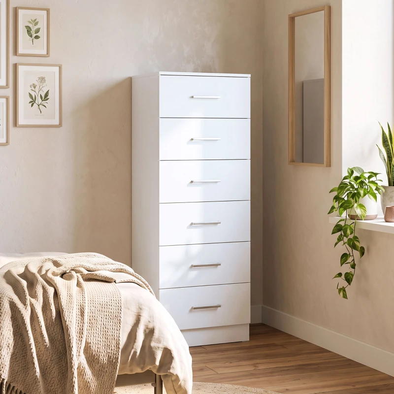 HOMCOM Comodă cu 6 sertare comodă înaltă pentru dormitor cu sistem anti-răsturnare 40x40x110 cm Alb