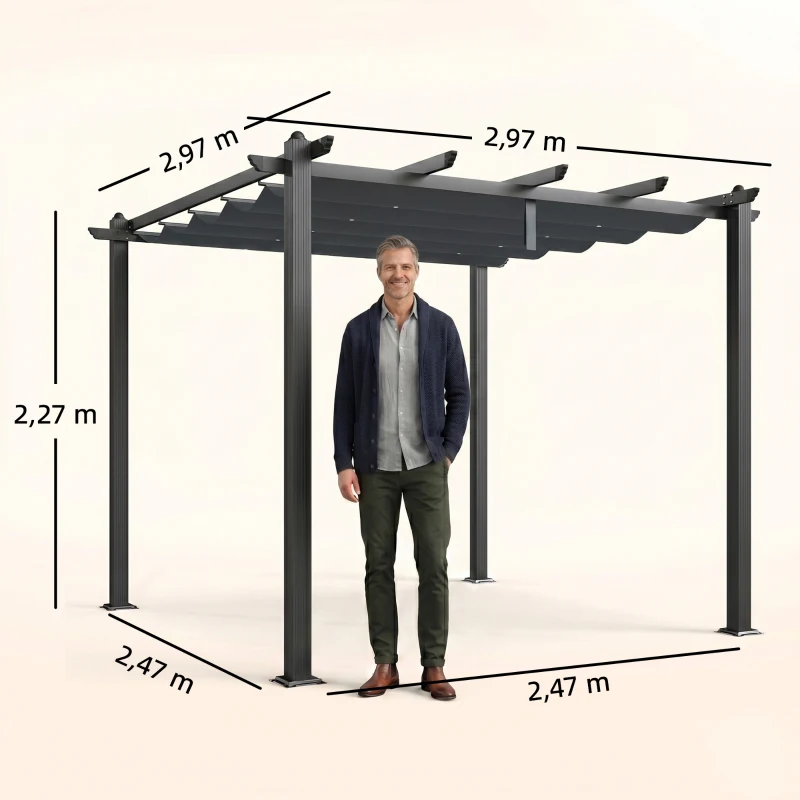 Outsunny Pergola Gazebo 3x3 m con 8 Fori di Drenaggio, in Alluminio, Metallo e Poliestere, Grigio Scuro