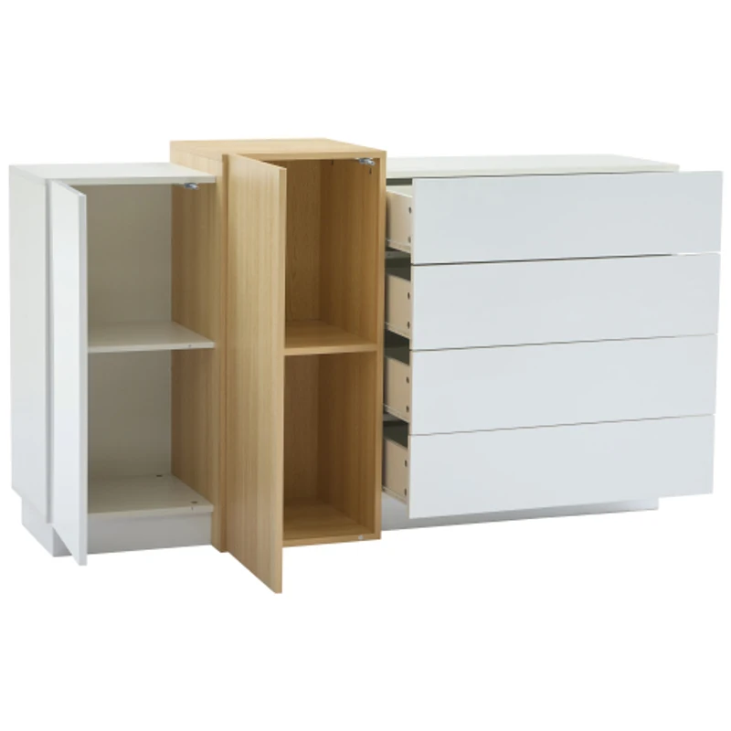 High-Gloss Sideboard with 4 Drawers and 2 Doors, Stylish Storage Cabinet with Anti-Tilt Safety Rails, 140L x 35W x 76.5H cm, White