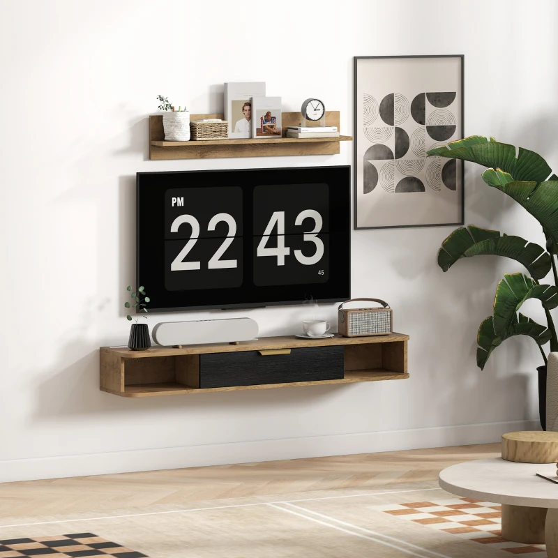 HOMCOM Conjunto de Muebles de Salón Muebles de TV con Estante de Pared Compartimentos Orificios para Cables 120x24x16 cm Roble