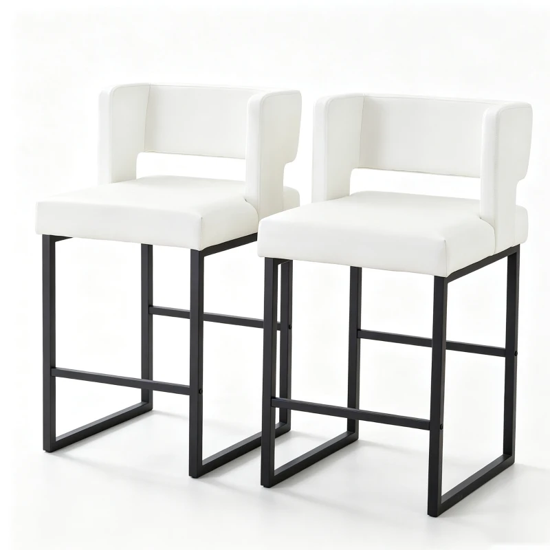 Lot de 2 tabourets de bar style nordique, structure métallique robuste avec pieds argentés, 48x53.3x91.4 cm, Blanc+Noir