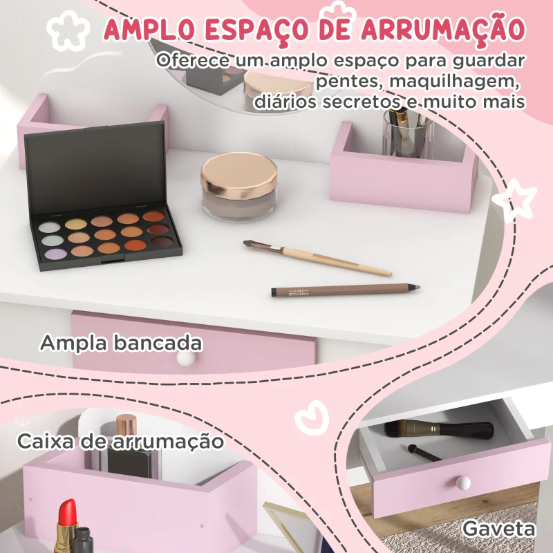ZONEKIZ Toucador Infantil com Banco e Espelho Toucador de Maquilhagem com Gaveta Compartimentos Desenho de Unicórnio Branco