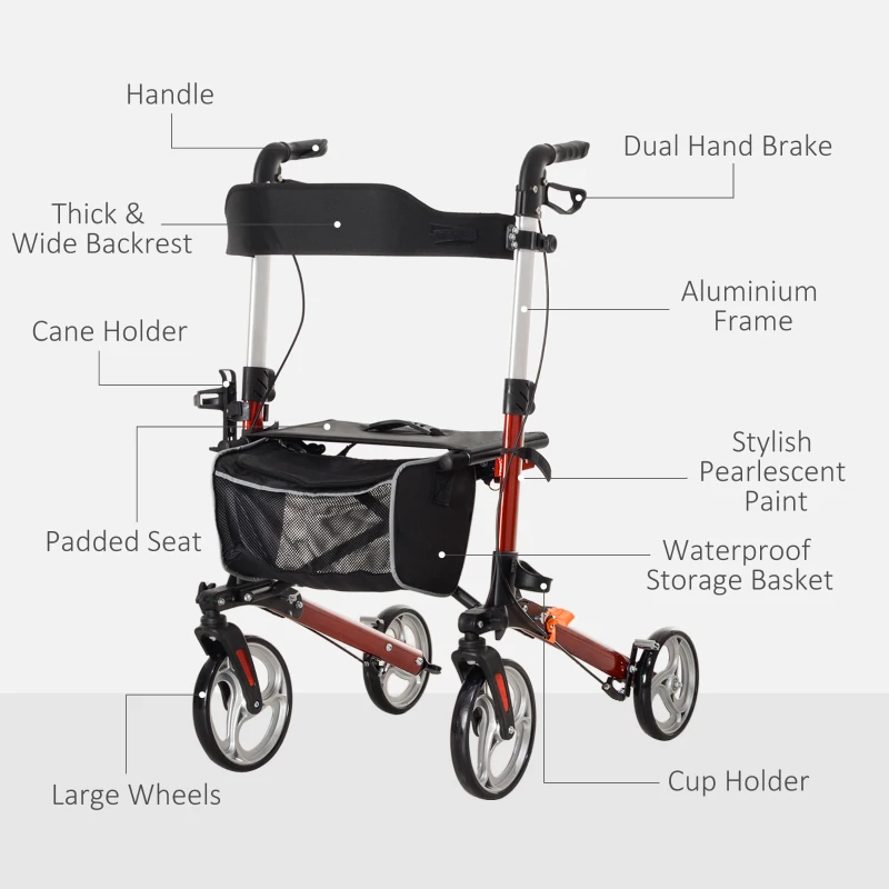 HOMCOM 88.5-106cm Aluminium Frame Rollator Walker, with Brakes - Red