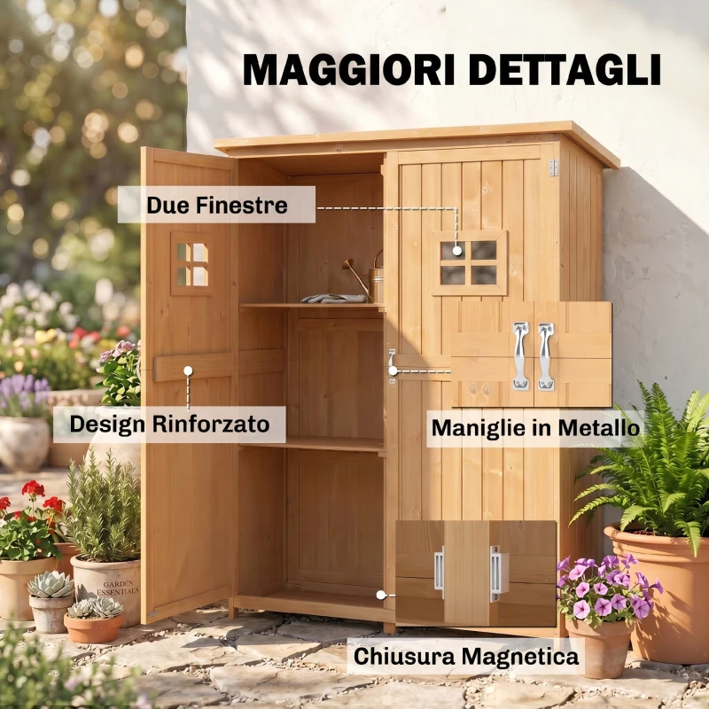 Outsunny Casetta da Giardino Legno con Porta Doppia, Mensole e Finestre, 127.5x50x164cm