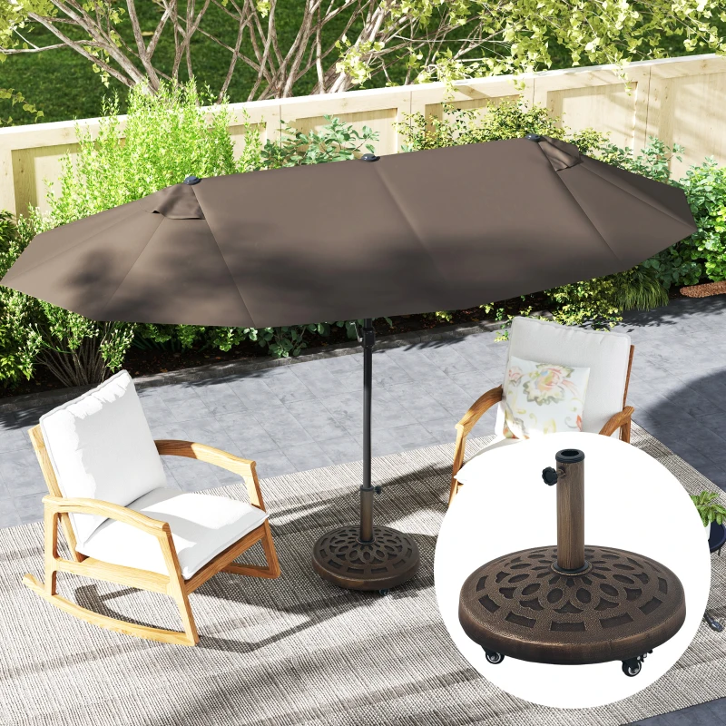 Outsunny Pied de parasol Rond, socle parasol extérieur en résine 21 kg, avec roues pour mât de Ø 32/38/48 mm, Ø 48 x 42 cm bronze