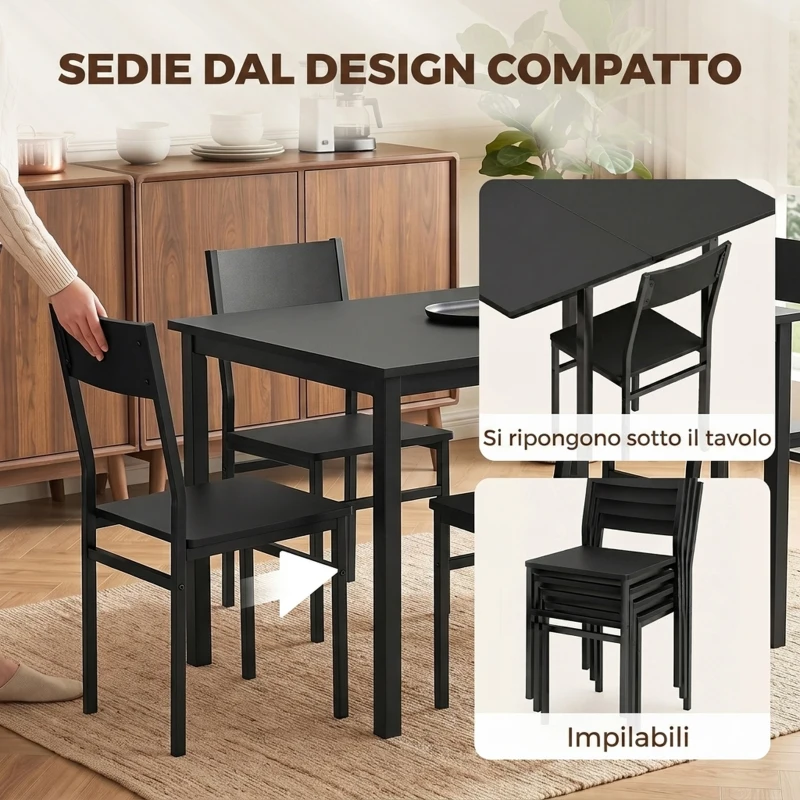 HOMCOM Set da Pranzo con Tavolo Allungabile e 4 Sedie Impilabili, Nero