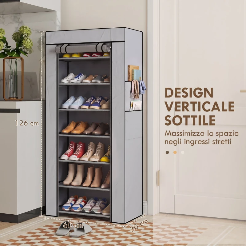 HOMCOM Scarpiera 7 Ripiani Acciaio con Copertura TNT, 60 x 30 x 126 cm, Grigio