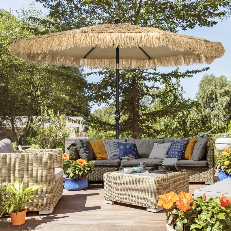Outsunny Ombrellone da Giardino Rotondo con Copertura in Paglia e Manovella, Ø265x250cm, Cachi