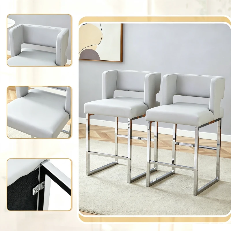 Lot de 2 tabourets de bar style nordique, structure métallique robuste avec pieds argentés, 48x53.3x91.4 cm, Gris clair+Argent
