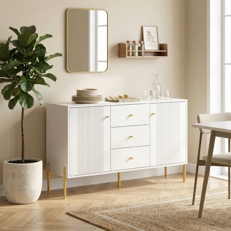 HOMCOM Aparador Moderno de 2 Puertas Aparador de Salón con 3 Cajones Estantes Ajustables Blanco 120x39,1x76 cm